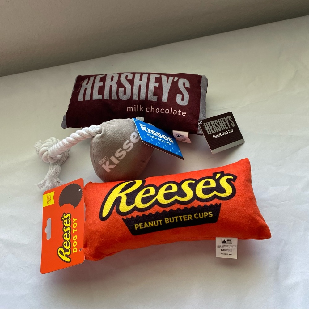 Dog Toys, set of three plushies.  Brand New with tags. Hershey/Reeses and Kiss.